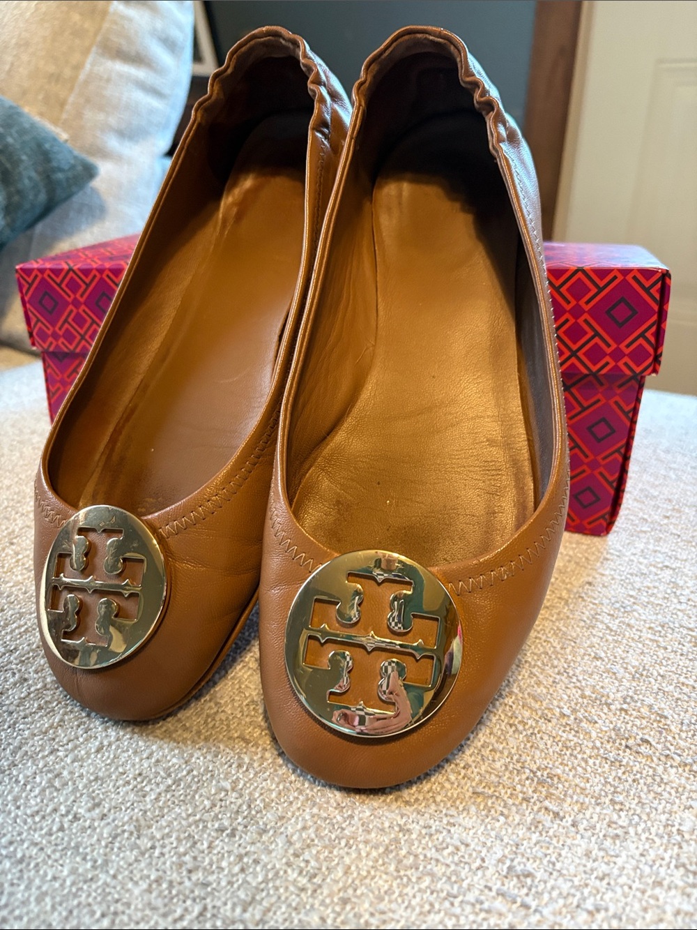 Tory Burch Cognac Leather Logo Ballet Flats